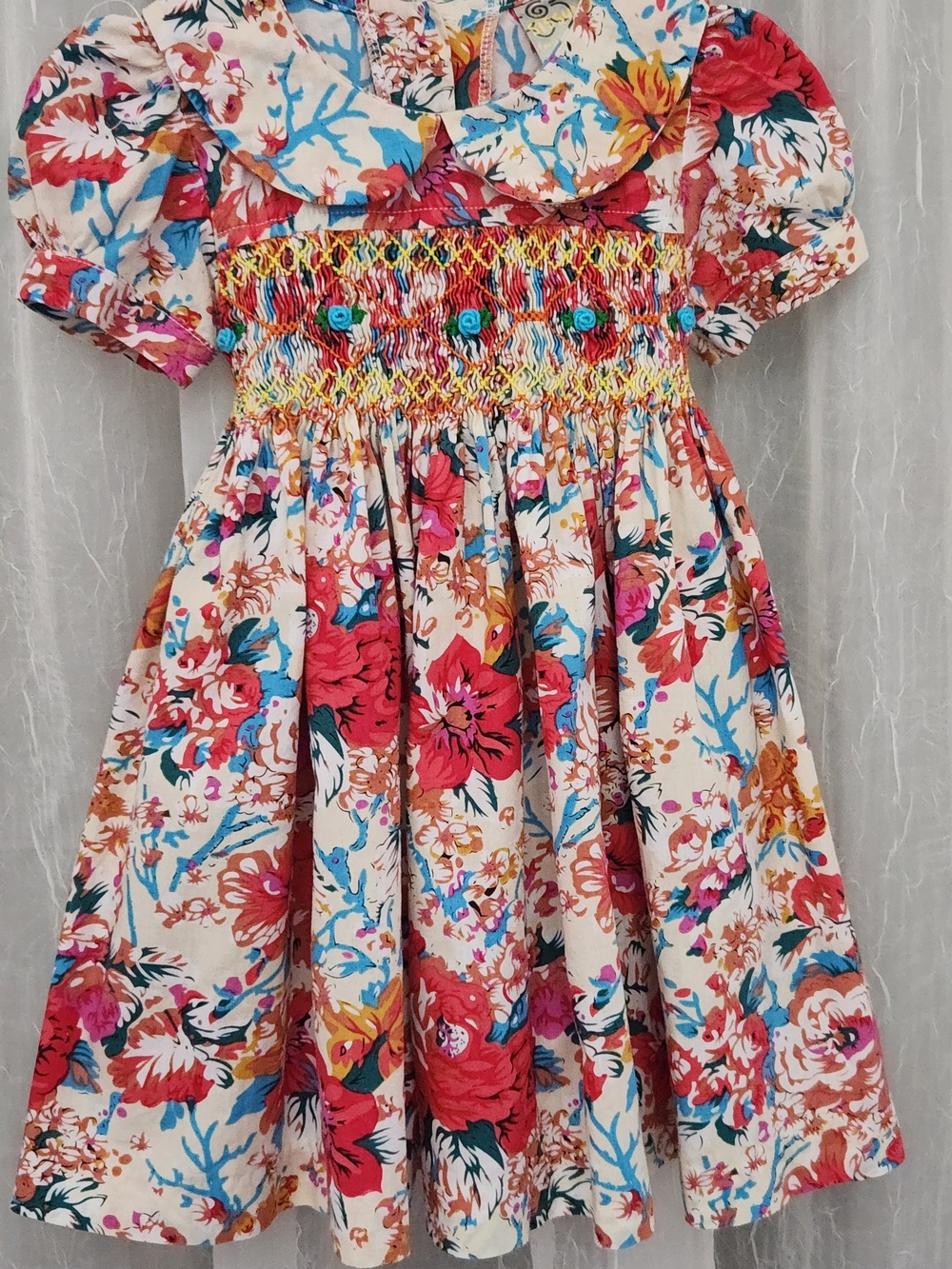 Smocked Short Bubble Sleeve Multicolored Floral Dress& Bloomers S-18mons, EPreLC